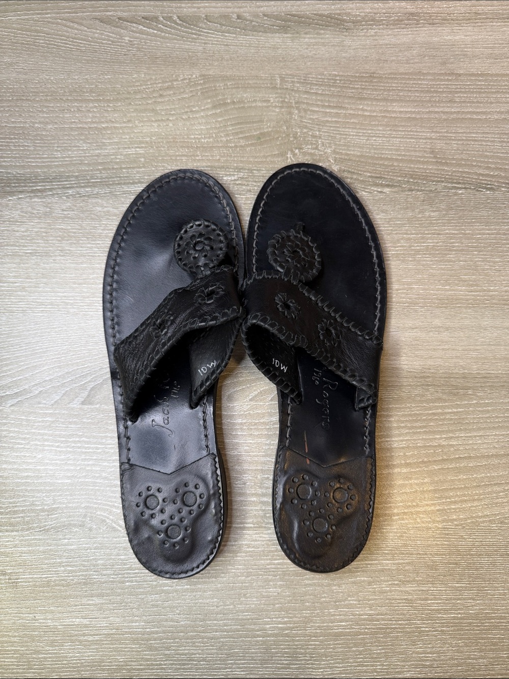 Jack Rogers Black Leather Slide Sandals with Signature Whipstitch